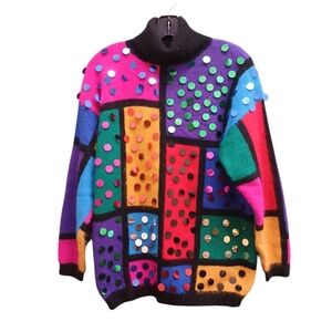 Rafaella Vintage Loud Colorful Sequin Angora Wool Blend Turtleneck Sweater Small